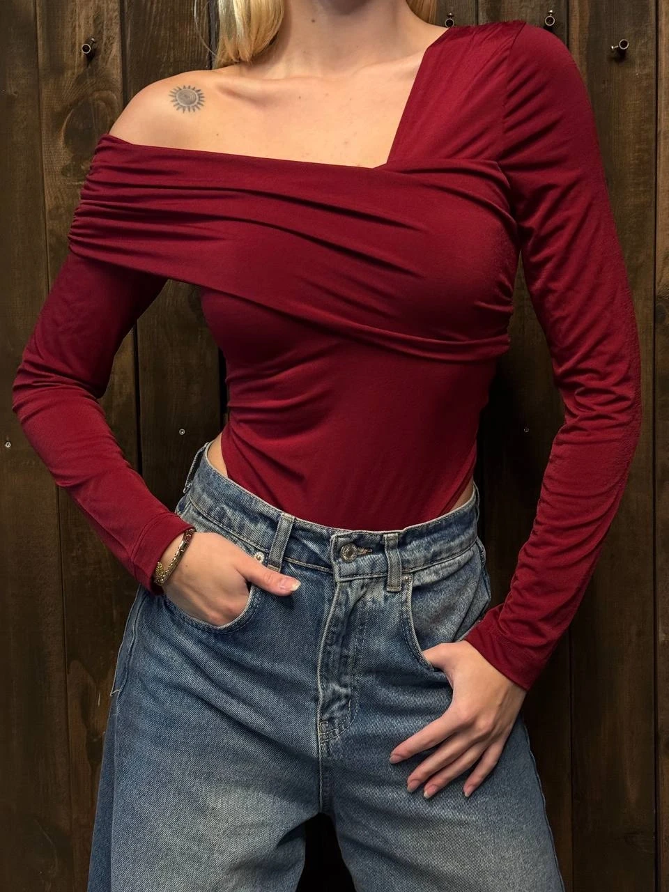 Kadın Bordo Tek Omuz Asimetrik Kesim Bodysuit HZL25W-ZK11521