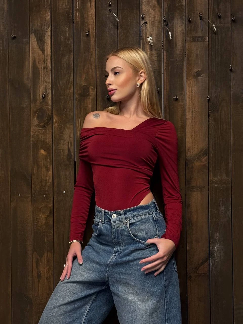 Kadın Bordo Tek Omuz Asimetrik Kesim Bodysuit HZL25W-ZK11521