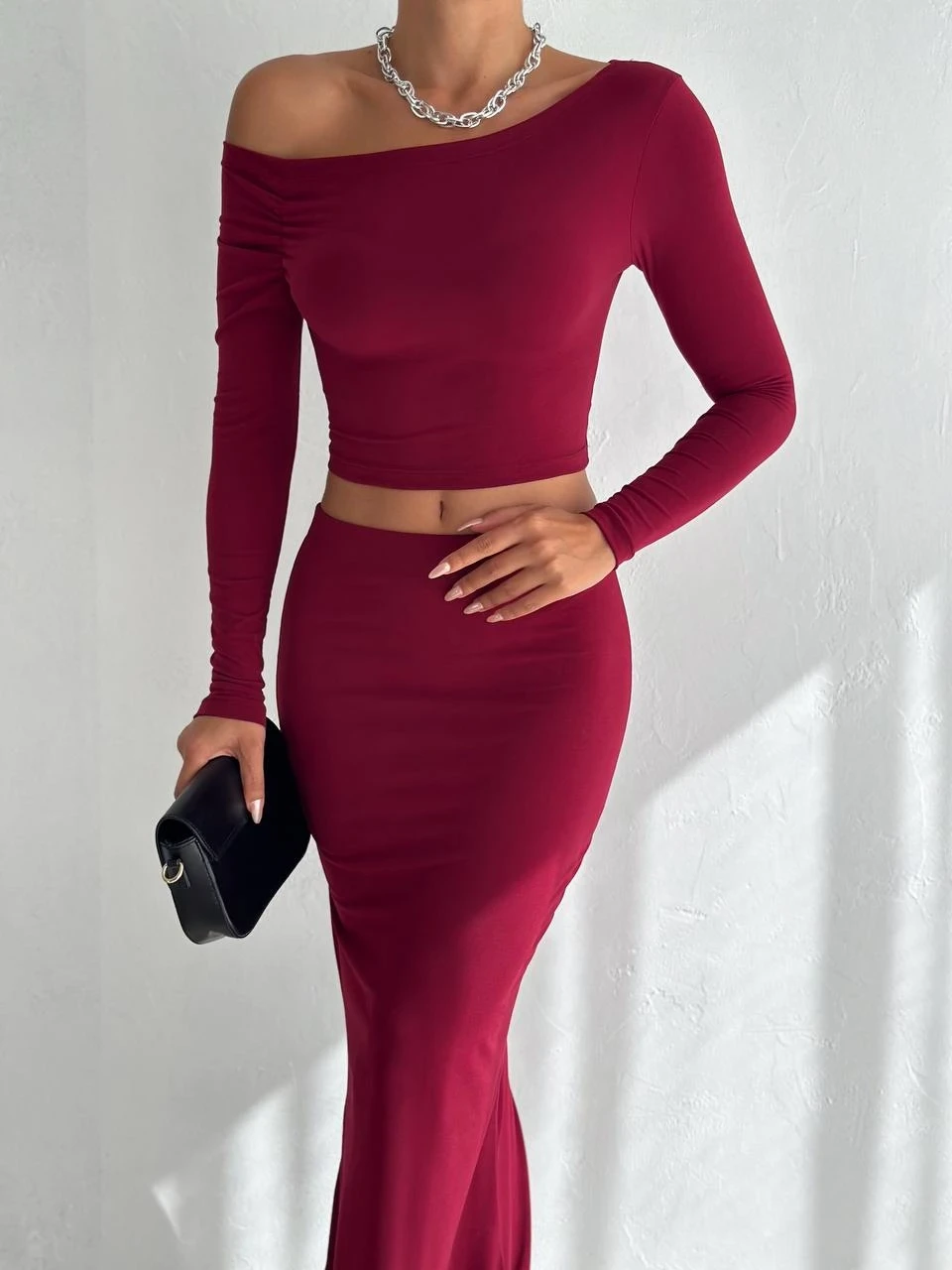 Kadın Bordo Tek Omuz Drapeli Sandy Kumaş  İkili Takım HZL25W-FRY122511