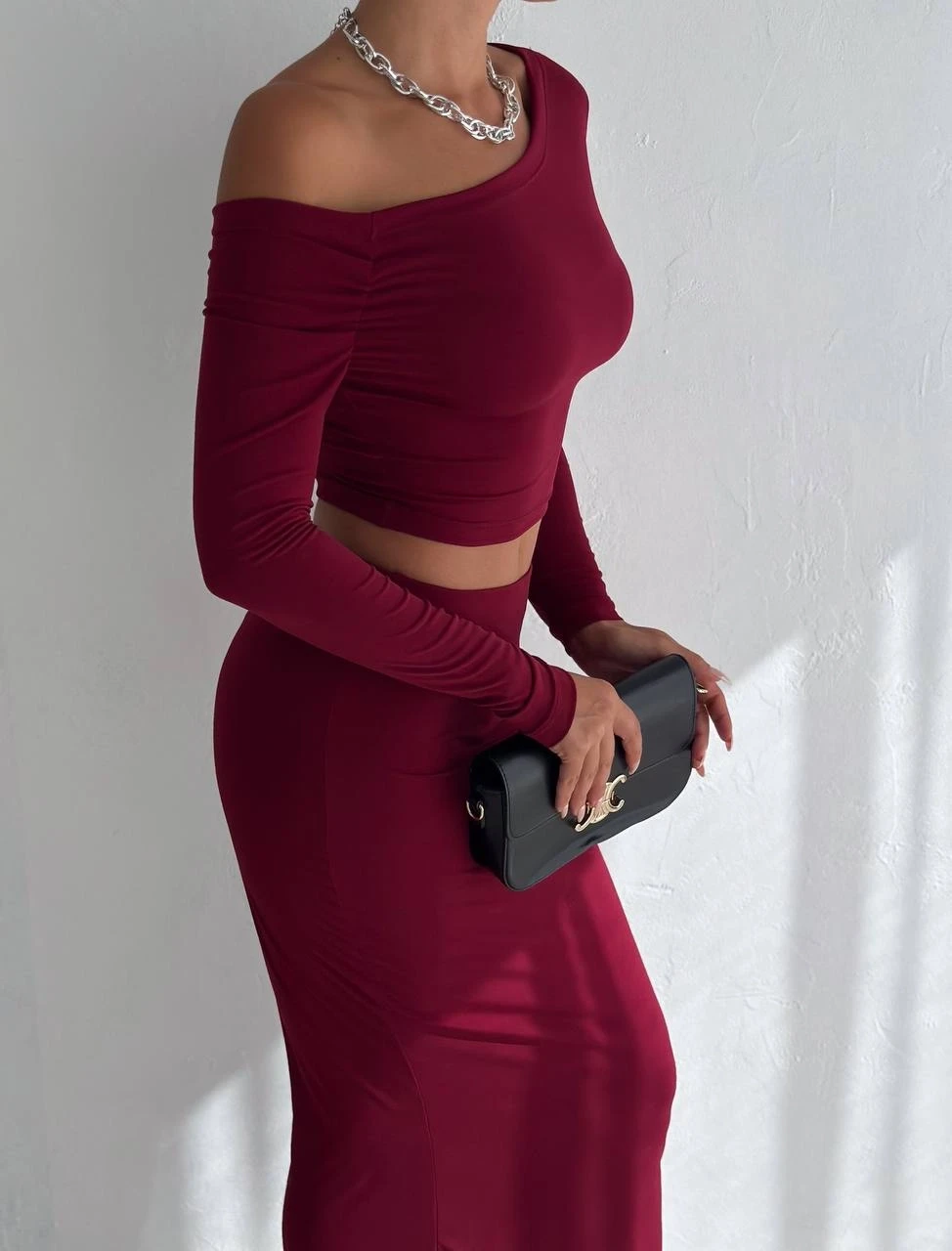 Kadın Bordo Tek Omuz Drapeli Sandy Kumaş  İkili Takım HZL25W-FRY122511