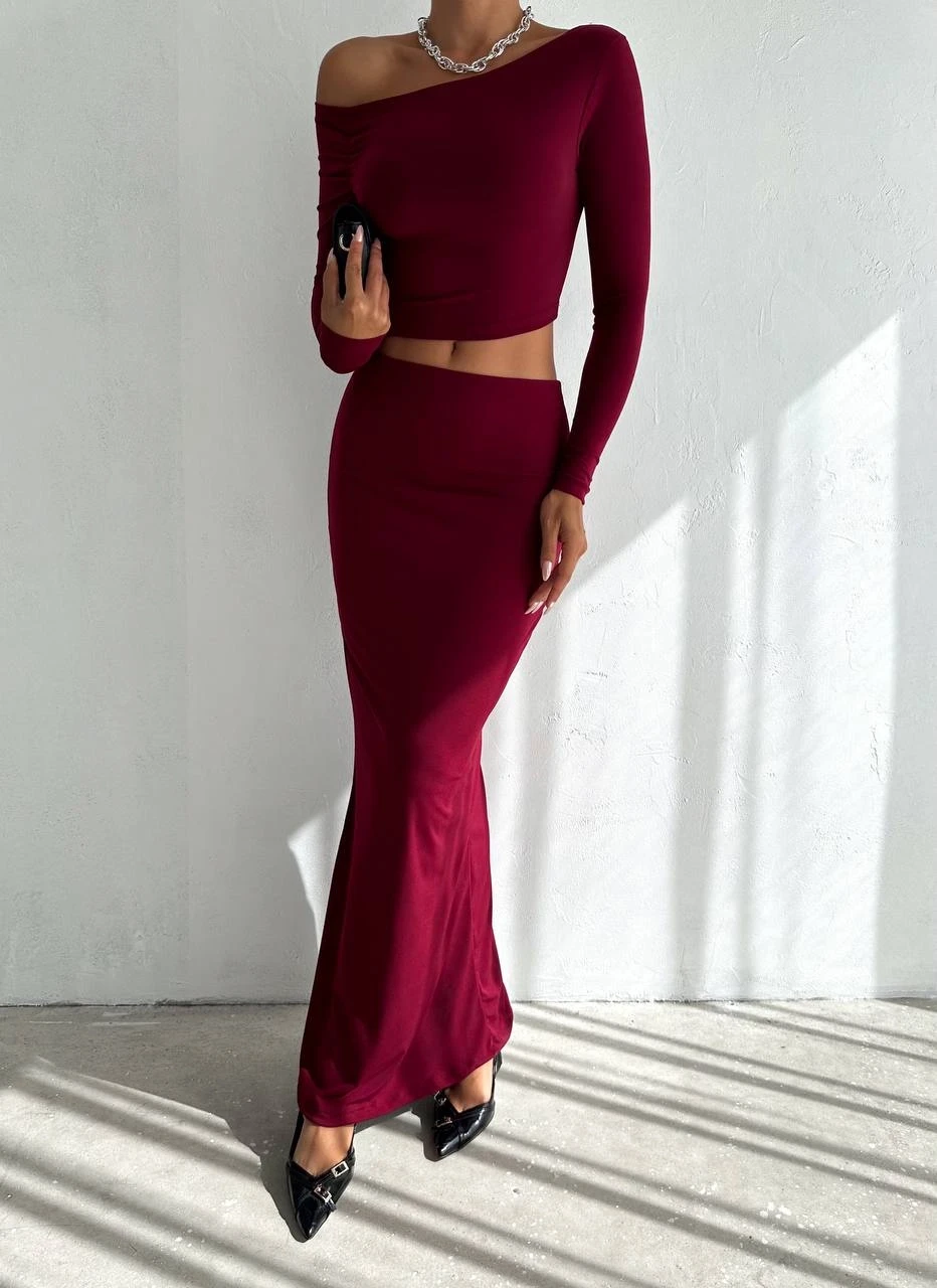 Kadın Bordo Tek Omuz Drapeli Sandy Kumaş  İkili Takım HZL25W-FRY122511