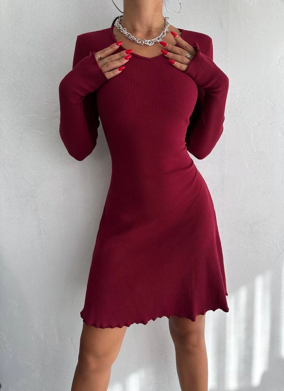 Kadın Bordo V Yaka Yandan İp Bağlamalı Kaşkorse  Elbise HZL24W-FRY121751