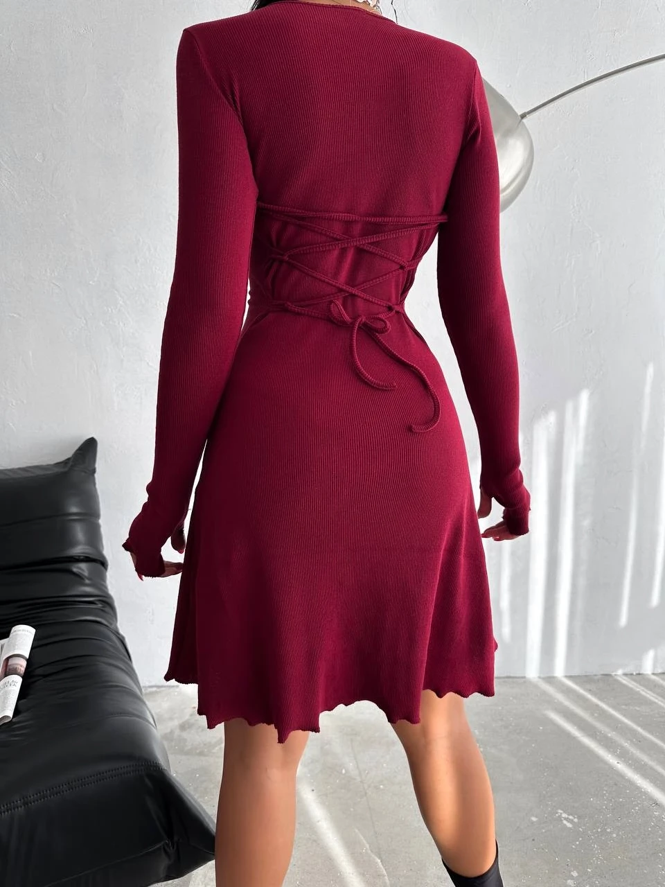 Kadın Bordo V Yaka Yandan İp Bağlamalı Kaşkorse  Elbise HZL24W-FRY121751