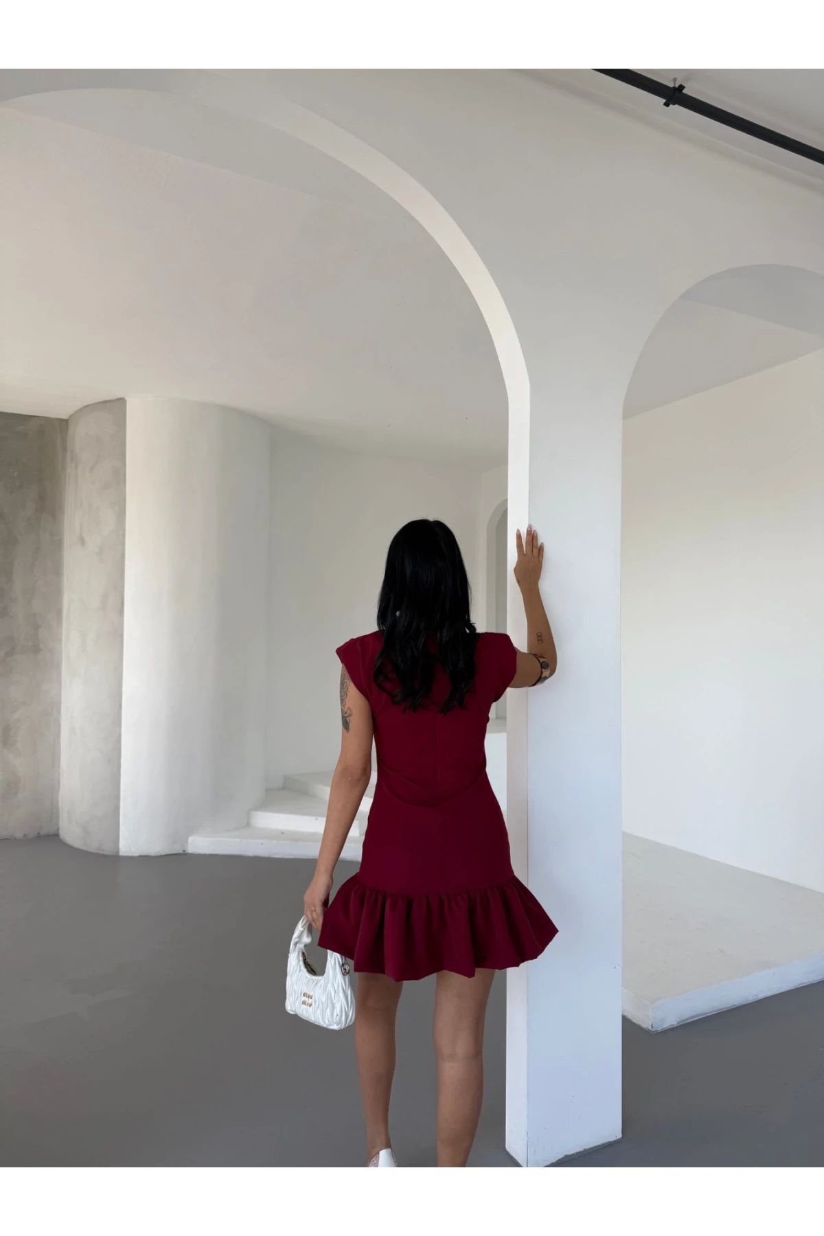 Kadın Bordo Vatkalı İthal Dooble Kumaş Kolsuz Mini Elbise HZL25S-FRY12274