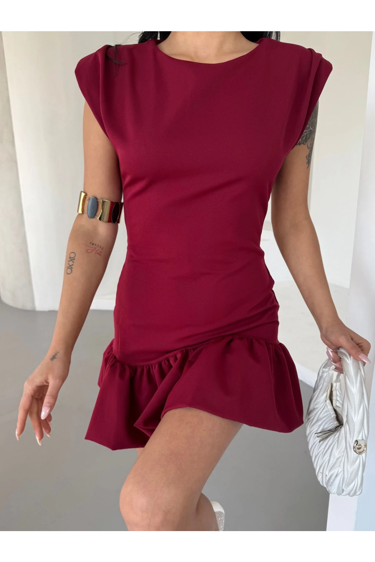 Kadın Bordo Vatkalı İthal Dooble Kumaş Kolsuz Mini Elbise HZL25S-FRY12274