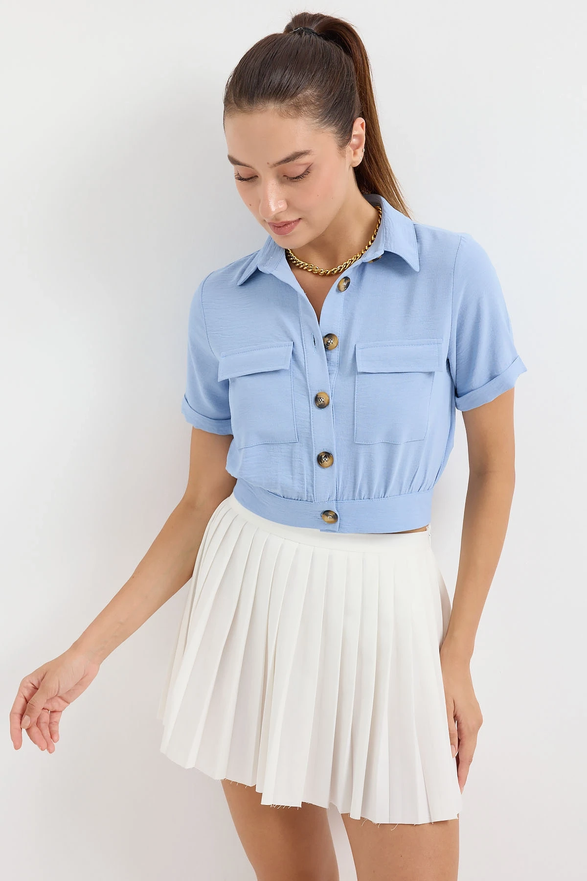 Kadın Buz Mavi Cepli Düğmeli Kısa Kollu Yazlık  Crop Gömlek Ceket HZL22S-BD106631