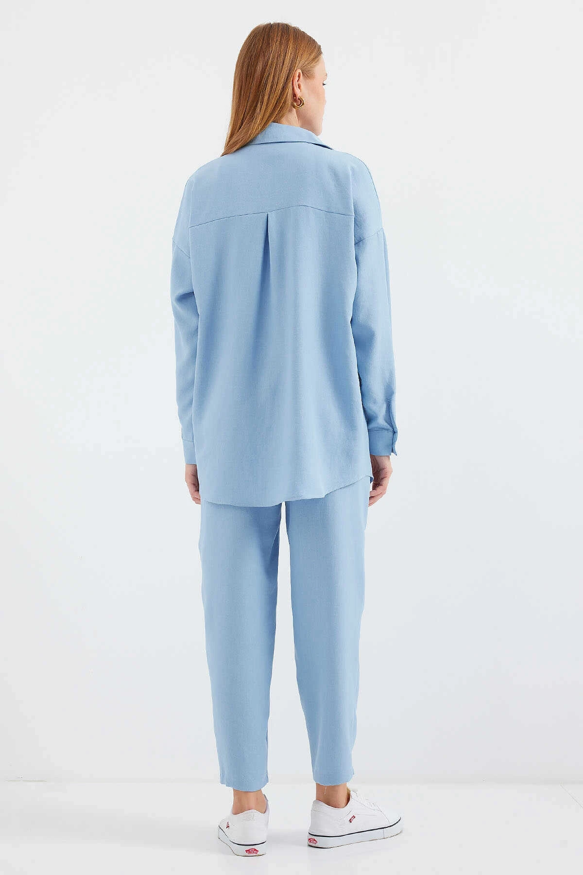 Kadın Buz Mavi Keten Gömlek Pantolon  Alt-Üst İkili Takım HZL23W-BD166221