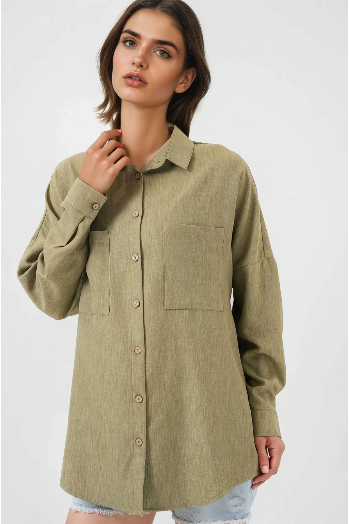 Kadın Çağla Yeşil Oversize Çift Cepli Keten Gömlek HZL22S-BD1201261