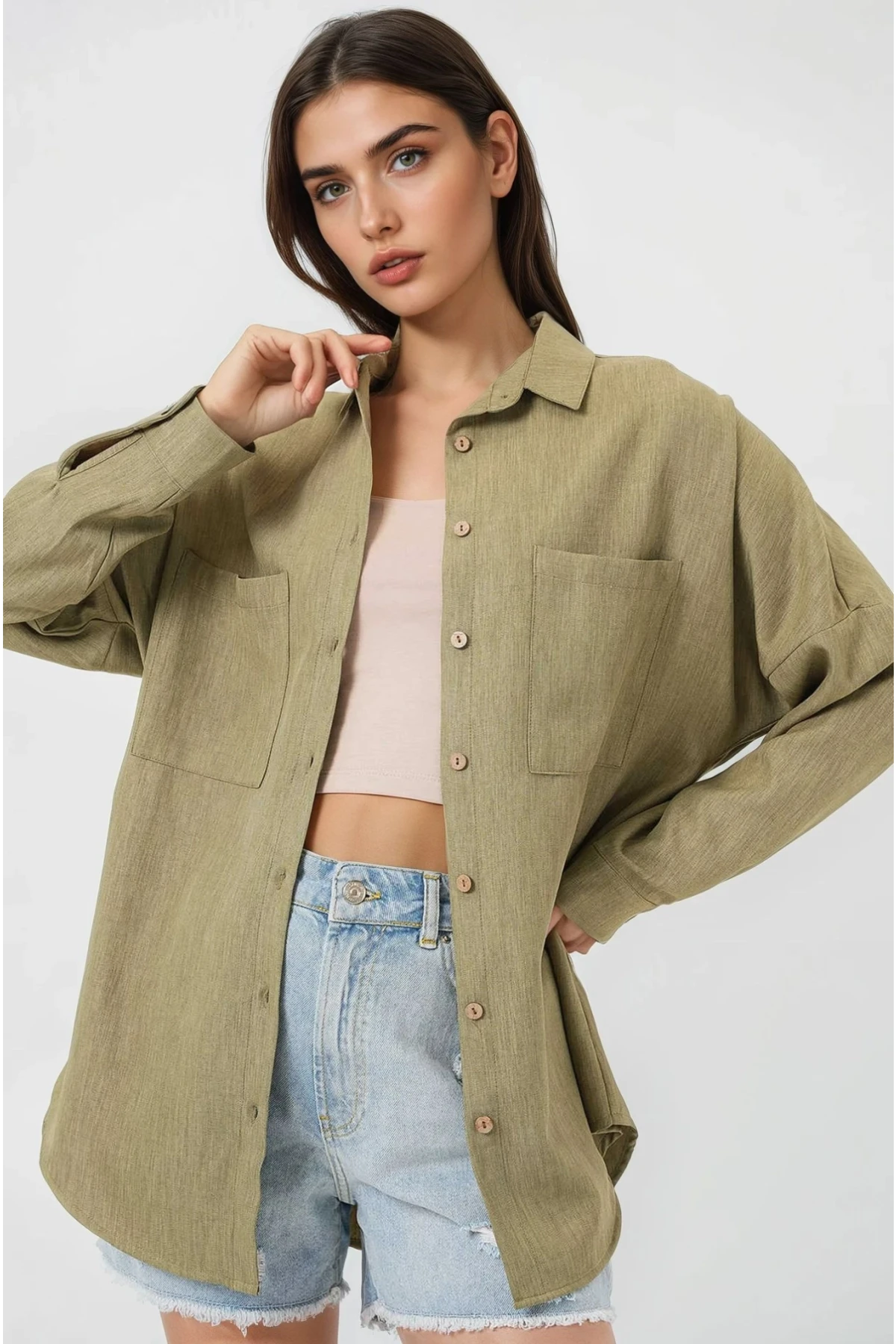 Kadın Çağla Yeşil Oversize Çift Cepli Keten Gömlek HZL22S-BD1201261