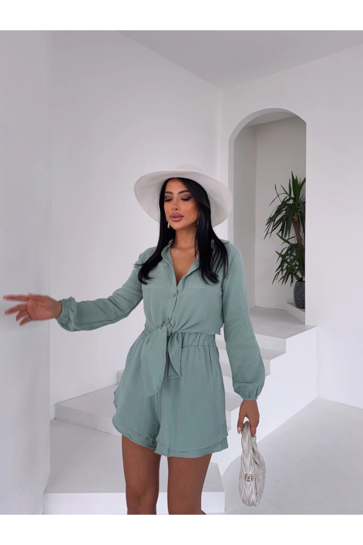 Kadın Çağla Yeşili Müslin Keten Şort Gömlek Alt Üst Takım HZL25S-DSB1012