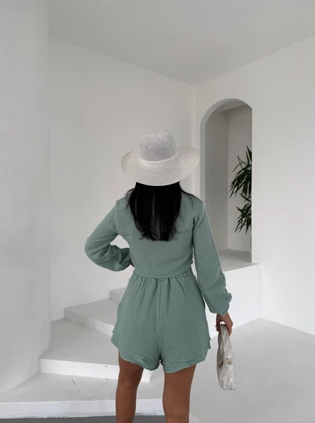 Kadın Çağla Yeşili Müslin Keten Şort Gömlek Alt Üst Takım HZL25S-DSB1012