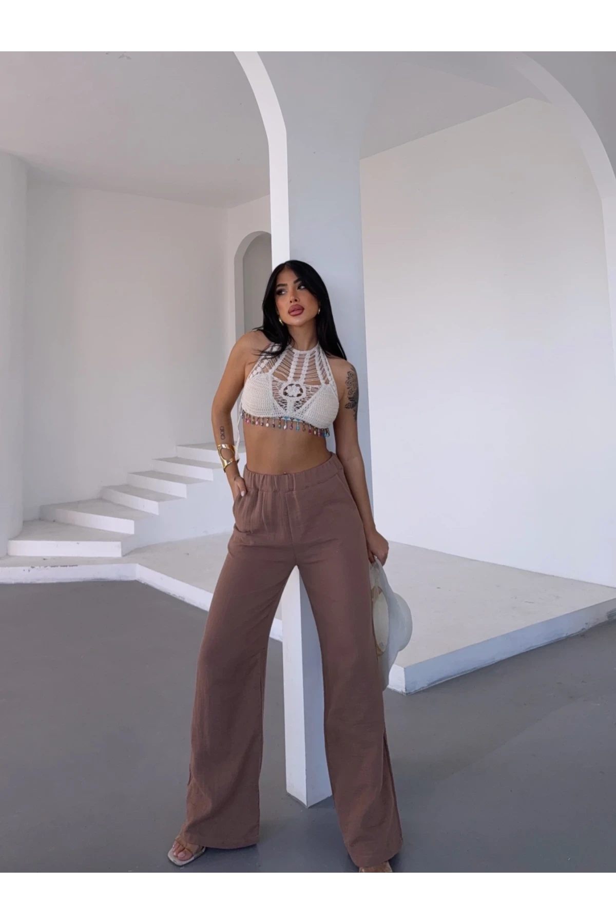 Kadın Camel Beli Lastikli Müslin Kumaş Bol Paça Pantolon HZL25S-DSB12221