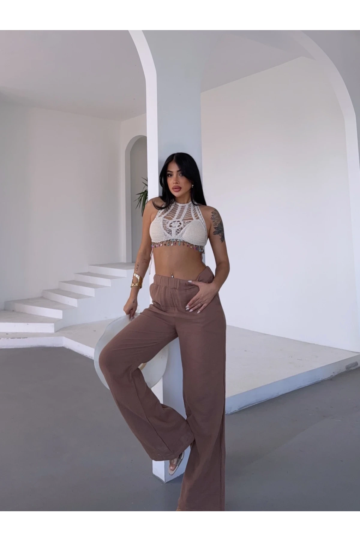 Kadın Camel Beli Lastikli Müslin Kumaş Bol Paça Pantolon HZL25S-DSB12221