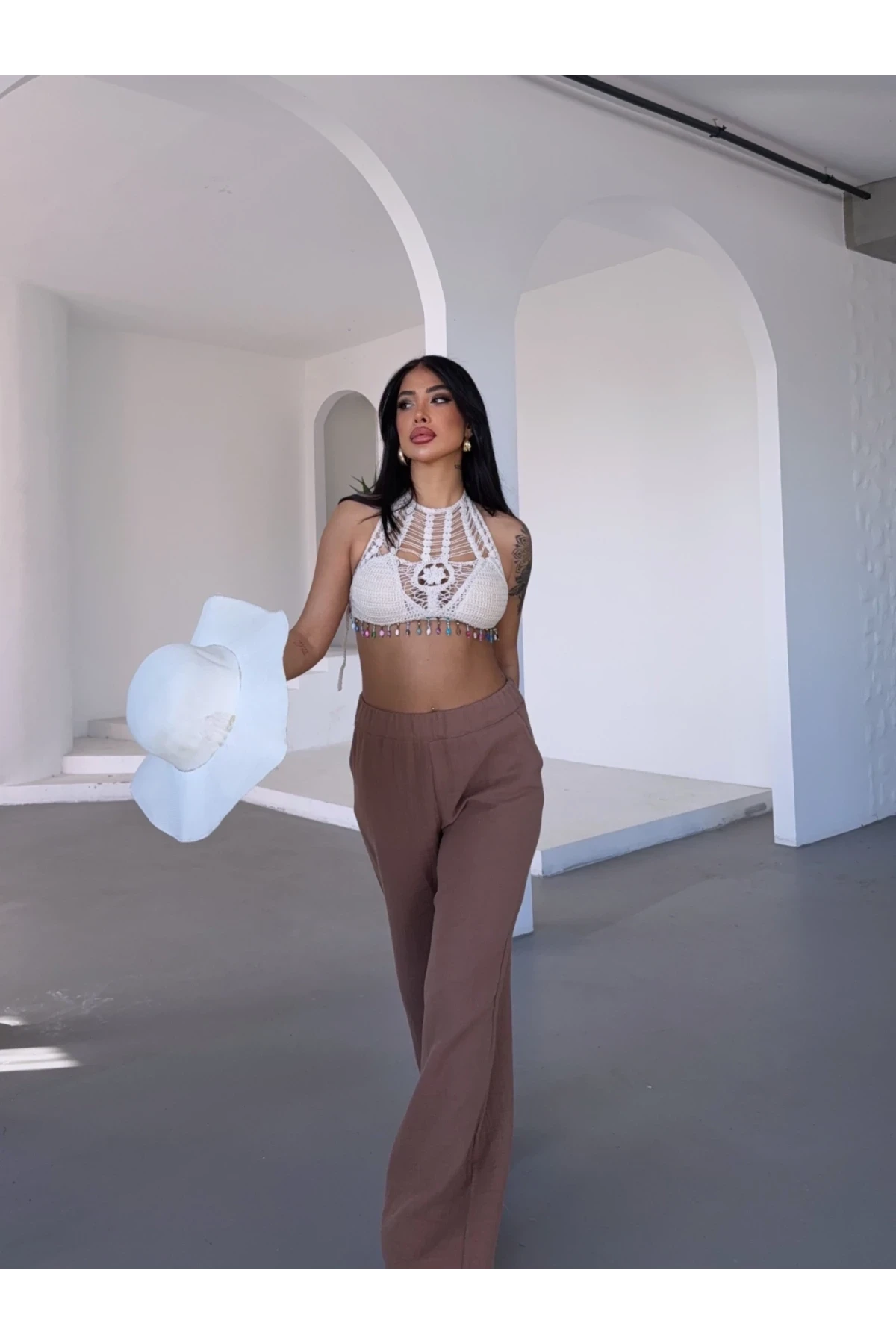 Kadın Camel Beli Lastikli Müslin Kumaş Bol Paça Pantolon HZL25S-DSB12221