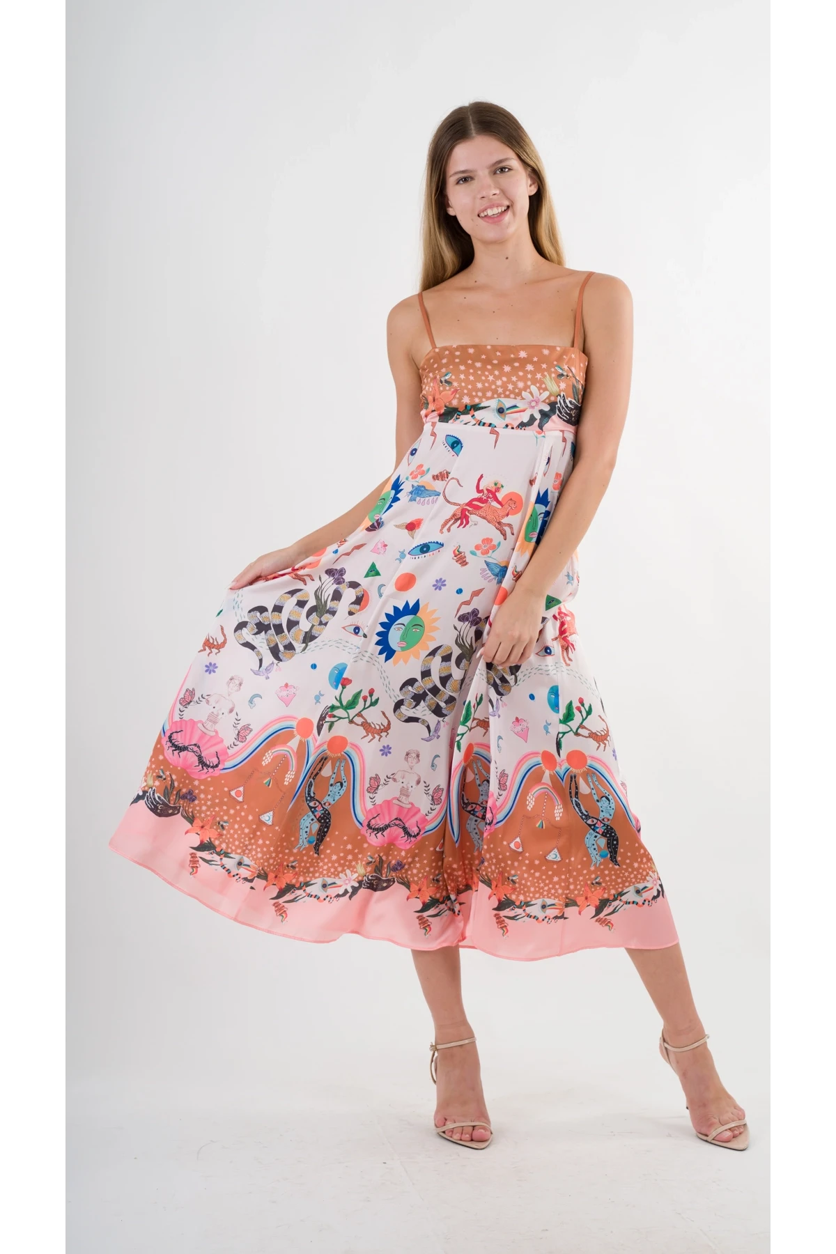 Kadın Çok Renkli İp Askılı Astarsız Uzun Elbise HZL24S-YY276