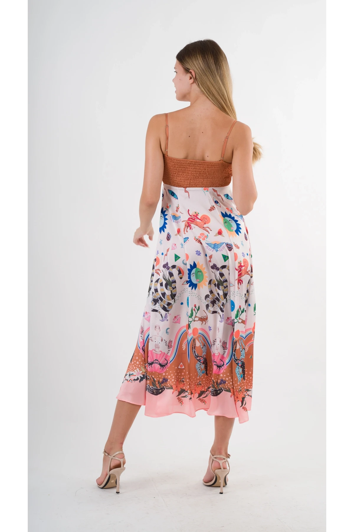 Kadın Çok Renkli İp Askılı Astarsız Uzun Elbise HZL24S-YY276