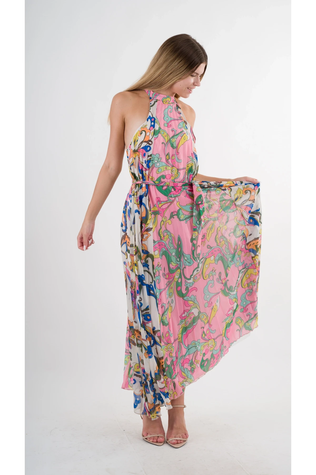 Kadın Çok Renkli Bloklu Yaprak Desenli Halter Yaka Kuşaklı Astarlı Uzun Elbise HZL24S-YY233