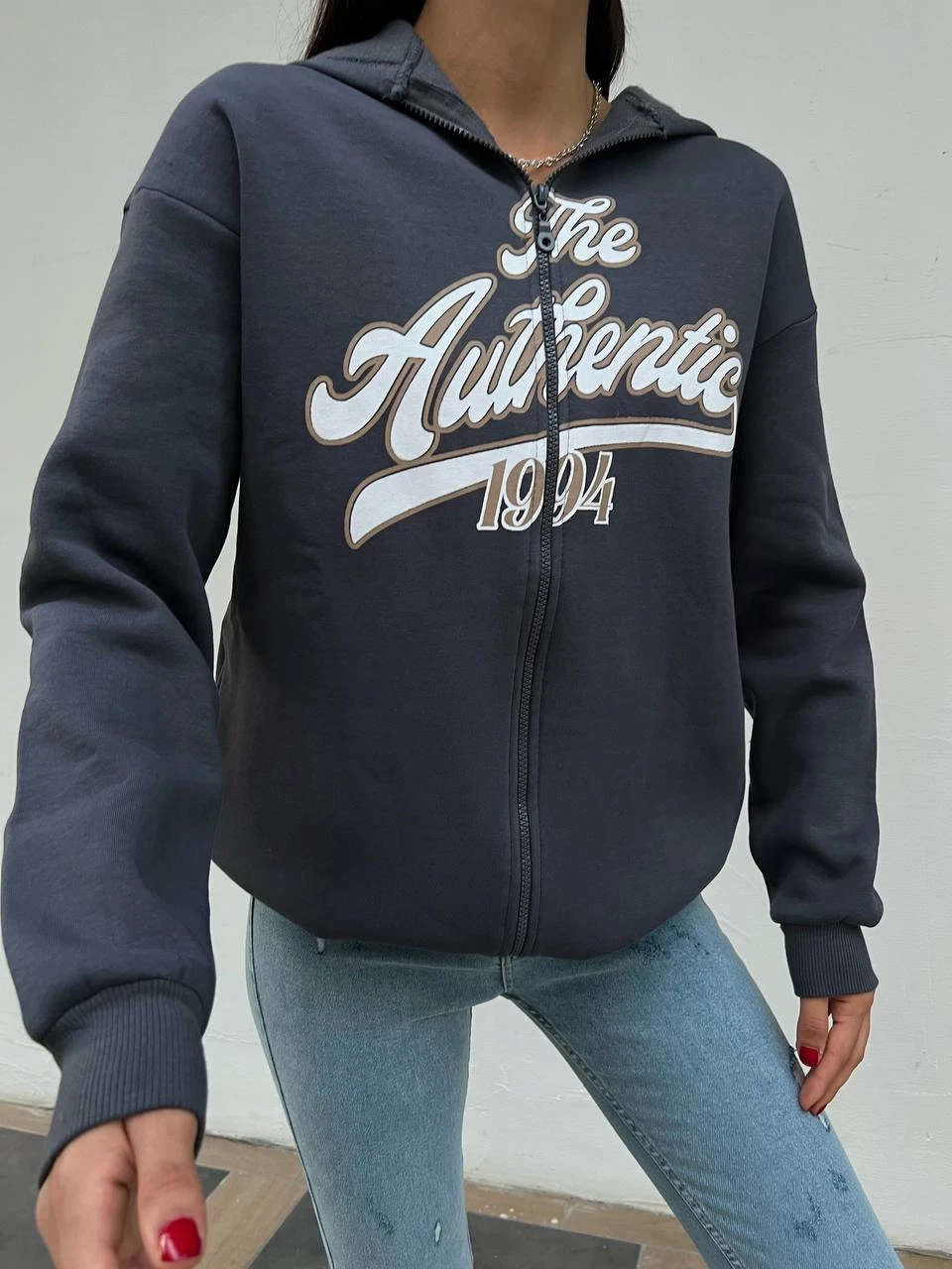 Kadın Füme Baskılı Kapüşonlu Fermuarlı Oversize Sweatshirt HZL24W-ZK12741