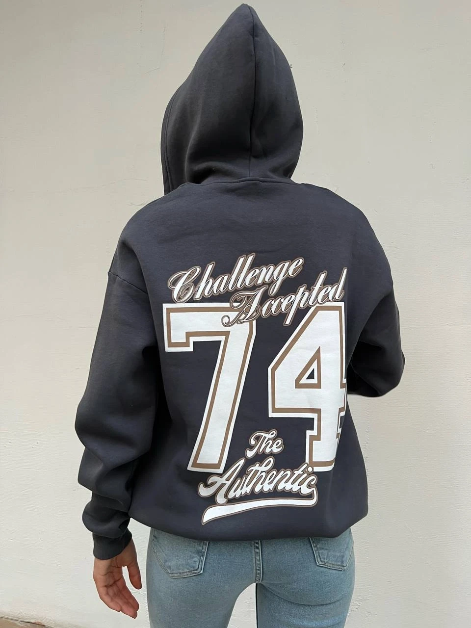 Kadın Füme Baskılı Kapüşonlu Fermuarlı Oversize Sweatshirt HZL24W-ZK12741