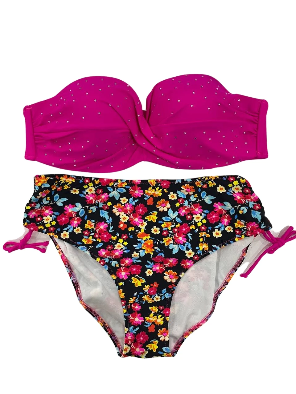 Kadın Fuşya Çiçek Desenli Taş İşlemeli Büyük Beden Astarlı Bikini Takım HZL25S-LC3312