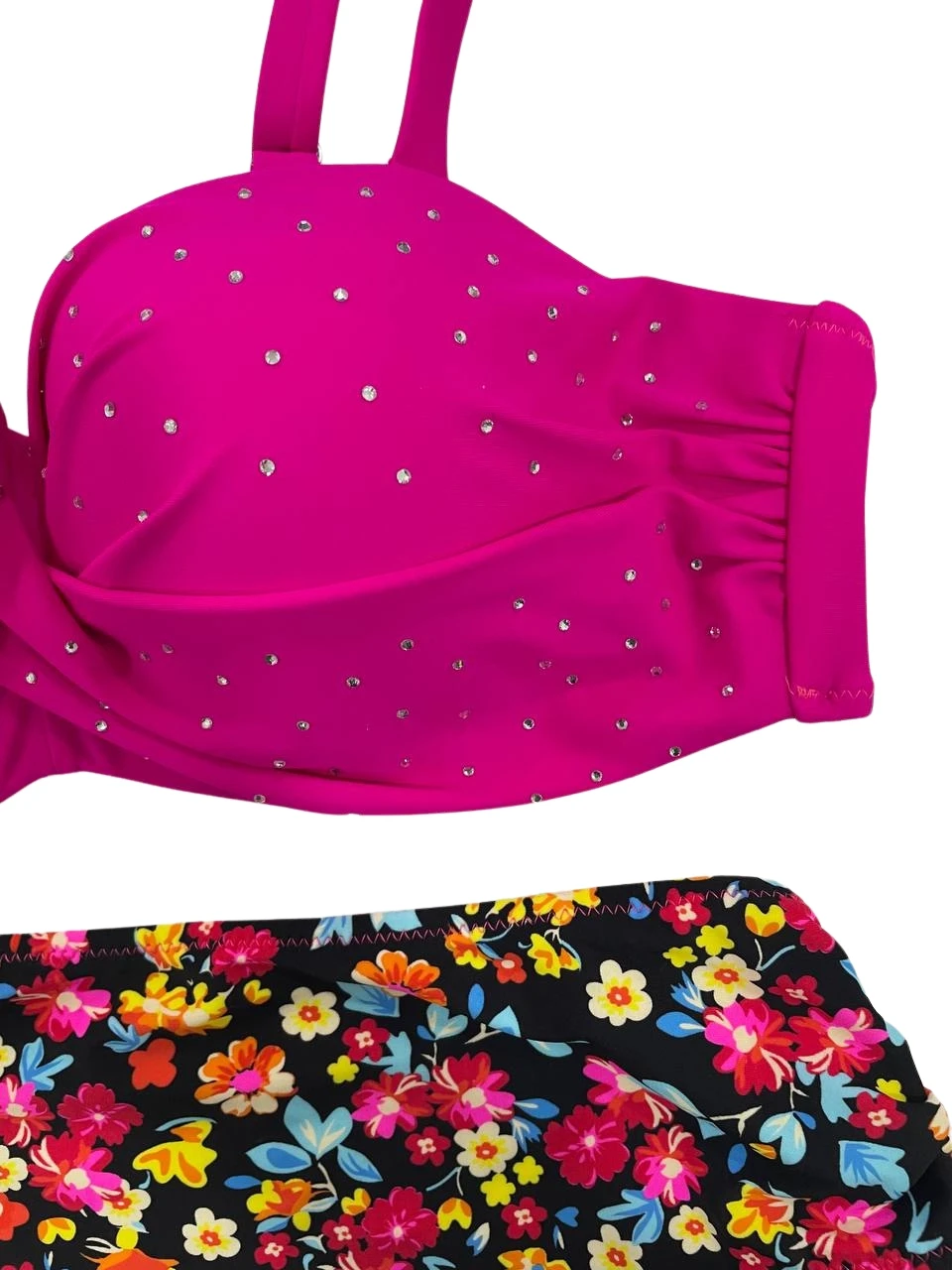 Kadın Fuşya Çiçek Desenli Taş İşlemeli Büyük Beden Astarlı Bikini Takım HZL25S-LC3312