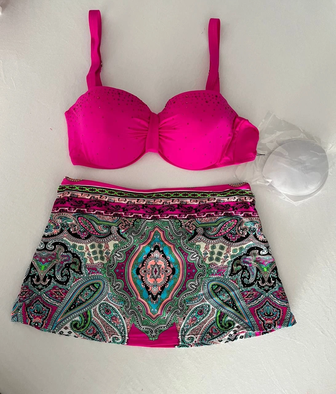 Kadın Fuşya Taş İşlemeli Desenli 3 Parça Bikini Takım HZL25S-LC3326