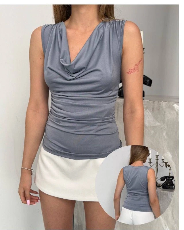 Kadın Gri Degaje Yaka Yanlardan Drapeli Sandy Bluz HZL25S-FRY123131