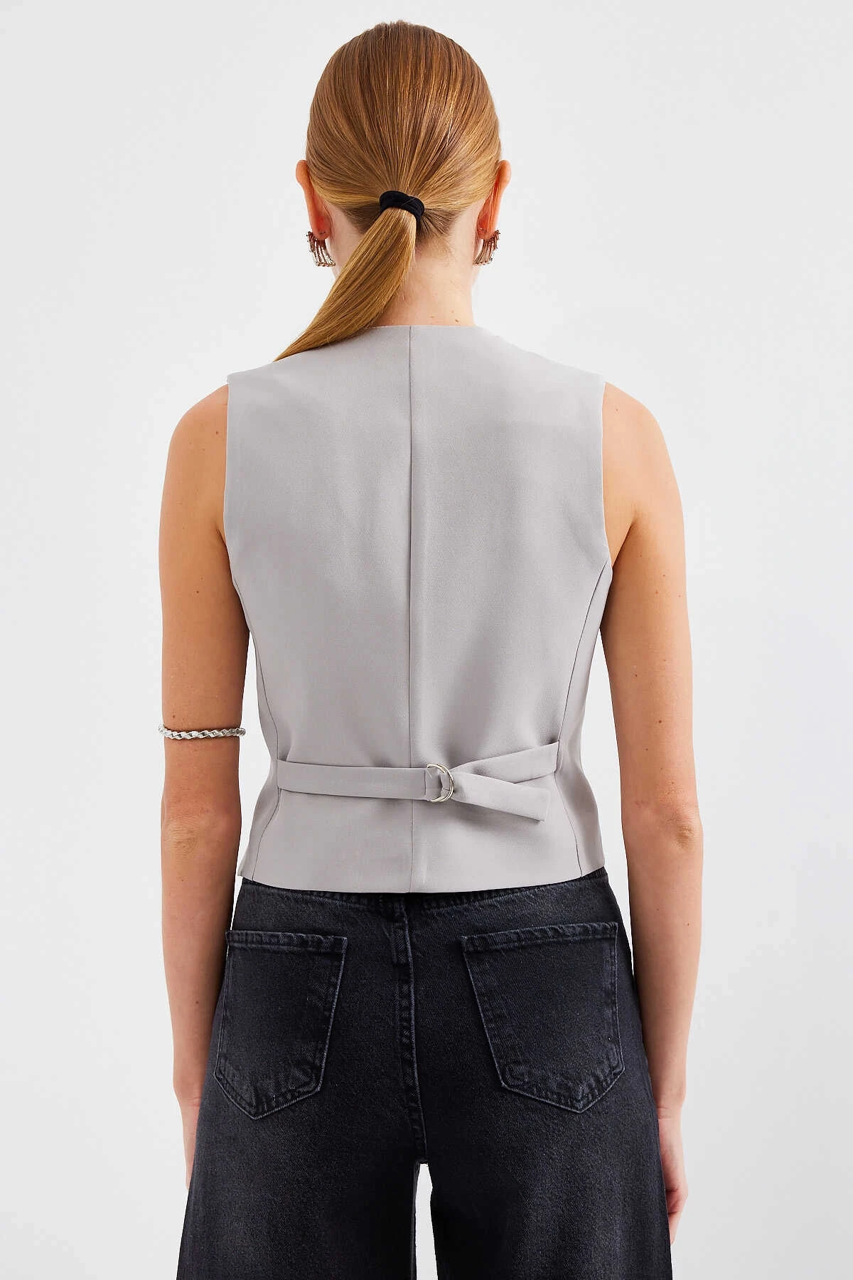 Kadın Gri Düğmeli Astarlı Yelek HZL25S-BD167961