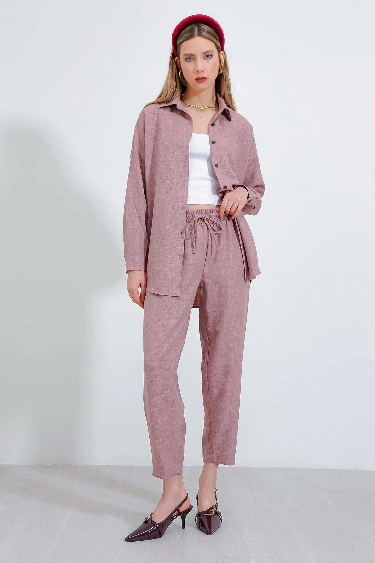 Kadın Gül Kurusu Keten Gömlek Pantolon  Alt-Üst İkili Takım HZL23W-BD166221