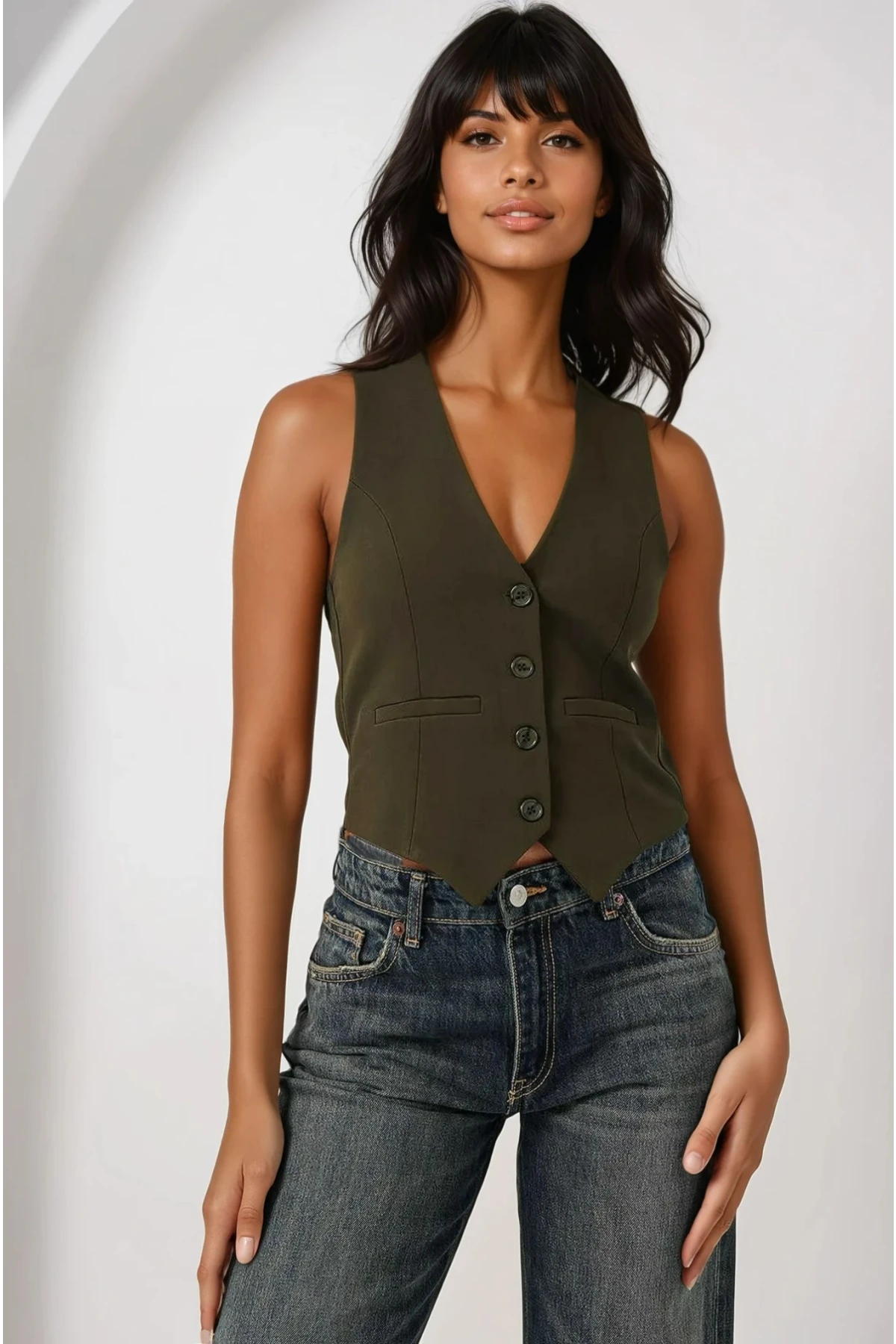 Kadın Haki Düğmeli Astarlı Yelek HZL25S-BD167961