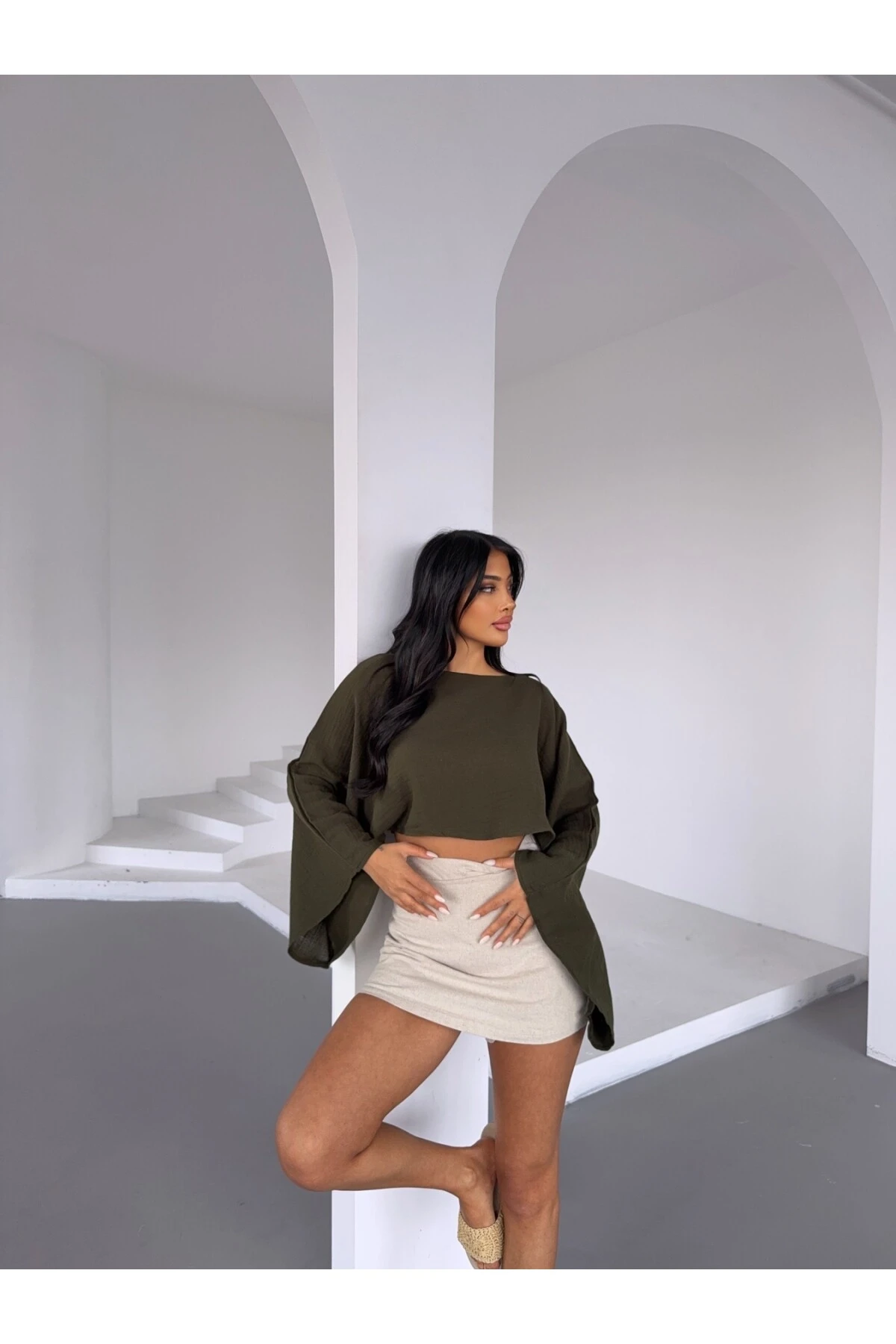 Kadın Haki Panço Model Müslin Bluz HZL25S-DSB16161