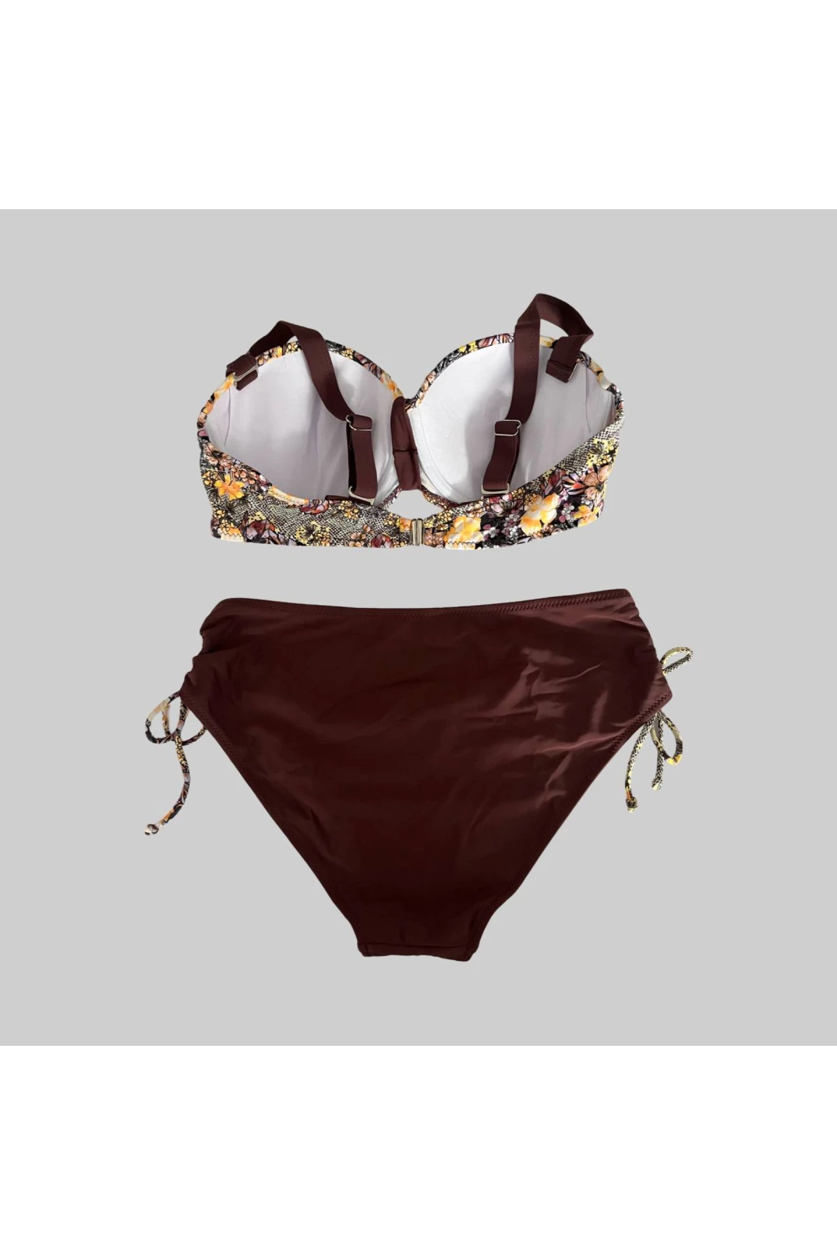 Kadın Kahve Çiçek Desenli Büyük Beden Astarlı Lacivert Bikini Takım HZL25S-LC3301