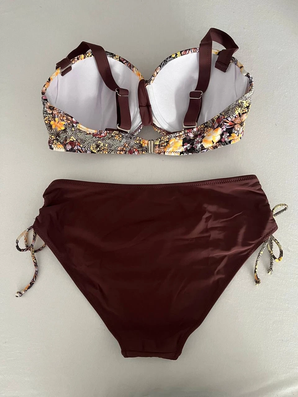 Kadın Kahve Çiçek Desenli Büyük Beden Astarlı Lacivert Bikini Takım HZL25S-LC3301