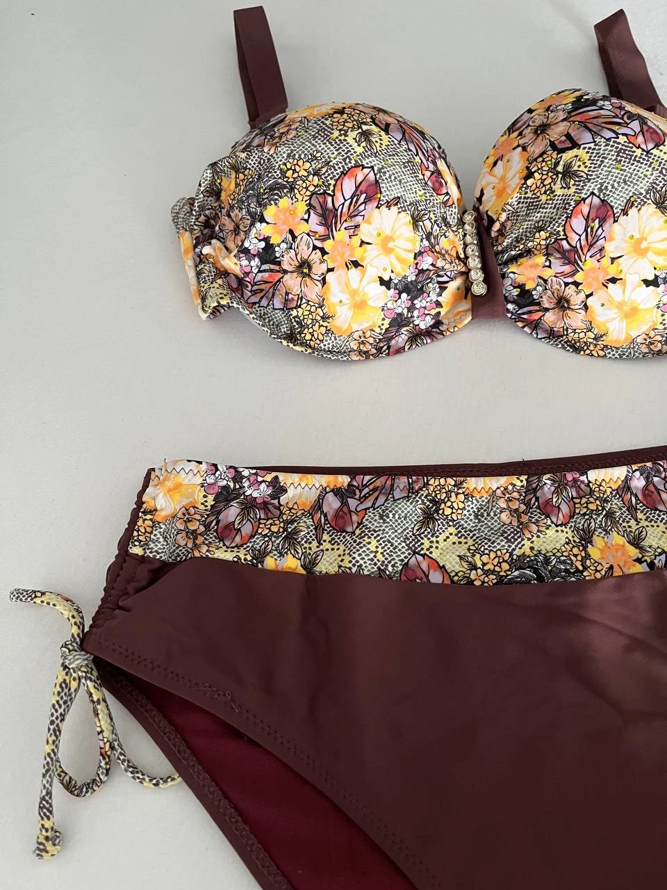 Kadın Kahve Çiçek Desenli Büyük Beden Astarlı Lacivert Bikini Takım HZL25S-LC3301