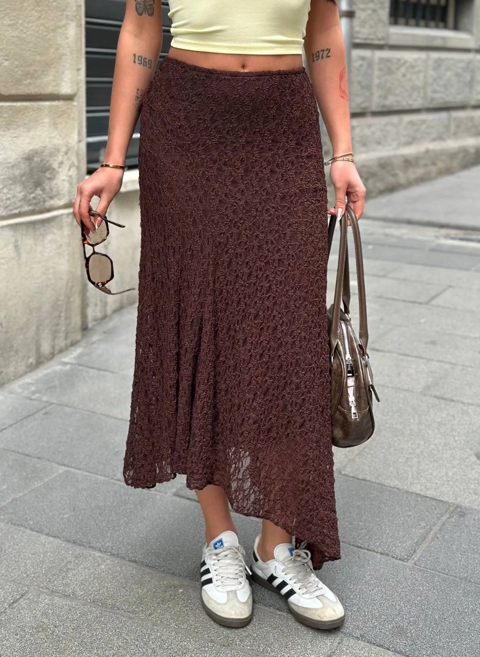 Kadın Kahverengi Asimetrik Kesim Astarlı Dantel Etek HZL25S-ZK13571