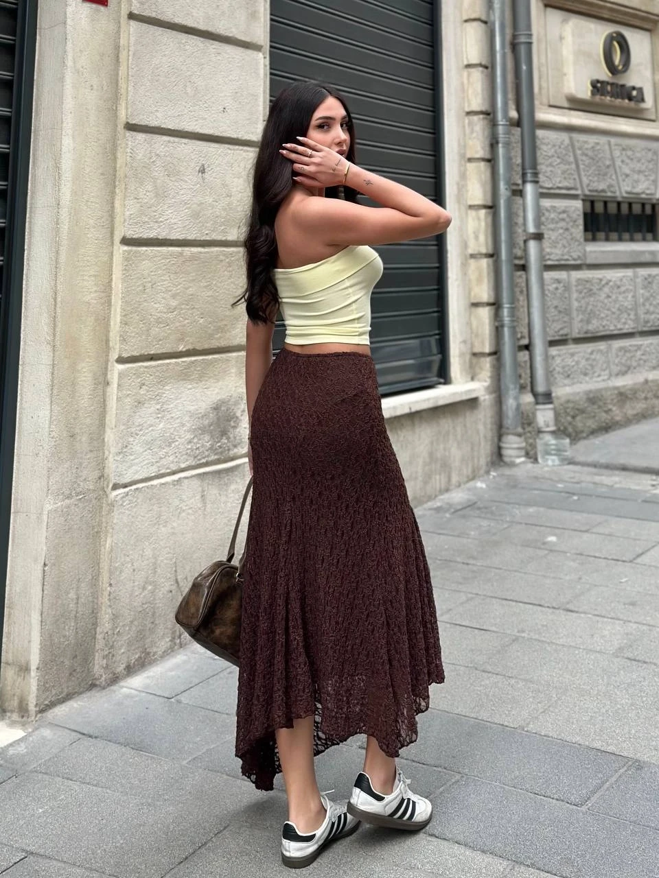 Kadın Kahverengi Asimetrik Kesim Astarlı Dantel Etek HZL25S-ZK13571