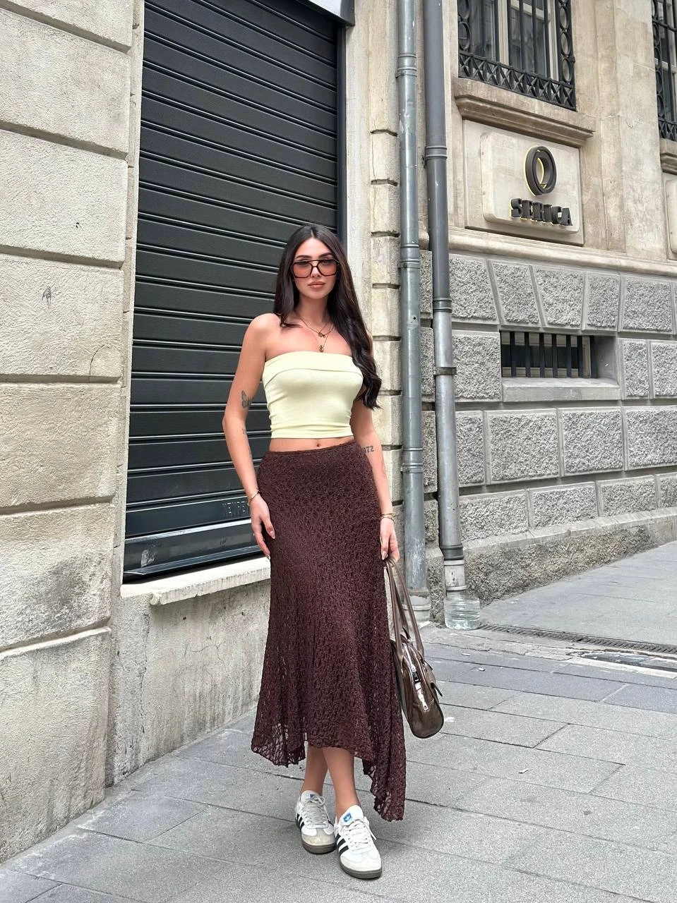 Kadın Kahverengi Asimetrik Kesim Astarlı Dantel Etek HZL25S-ZK13571