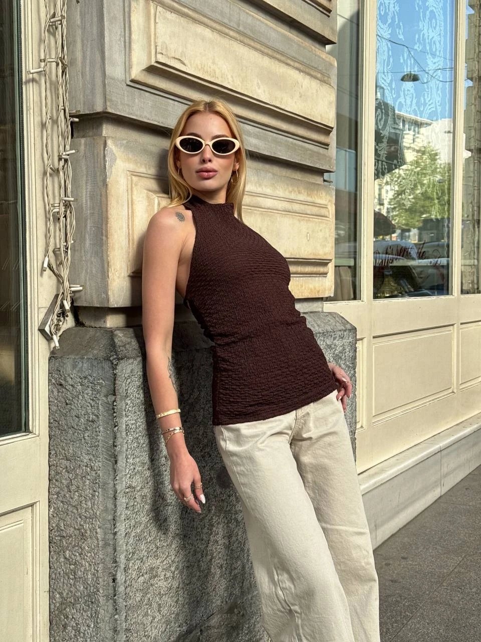 Kadın Kahverengi Boyundan Bağlamalı Gofre Kumaş Bluz HZL25S-ZK13631