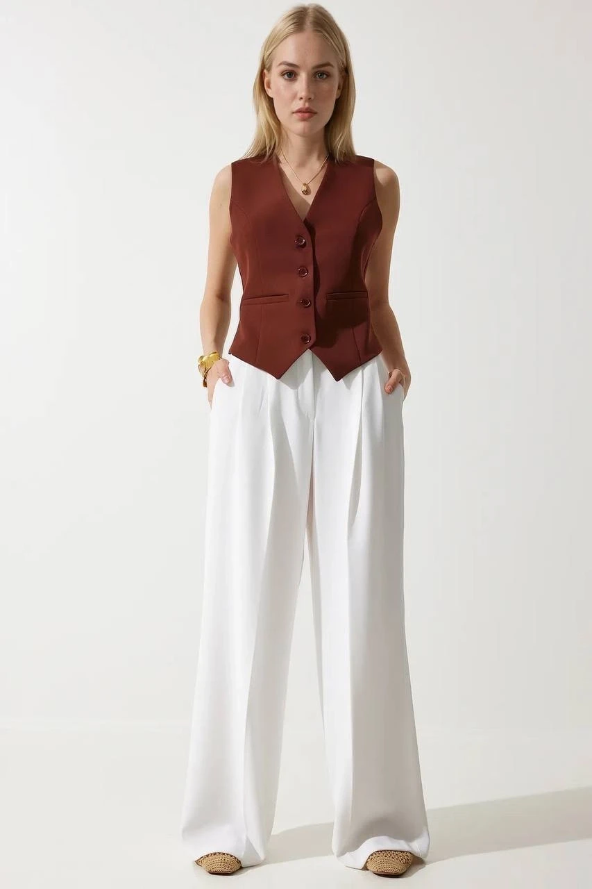 Kadın Kahverengi Düğmeli Astarlı Yelek HZL25S-BD167961