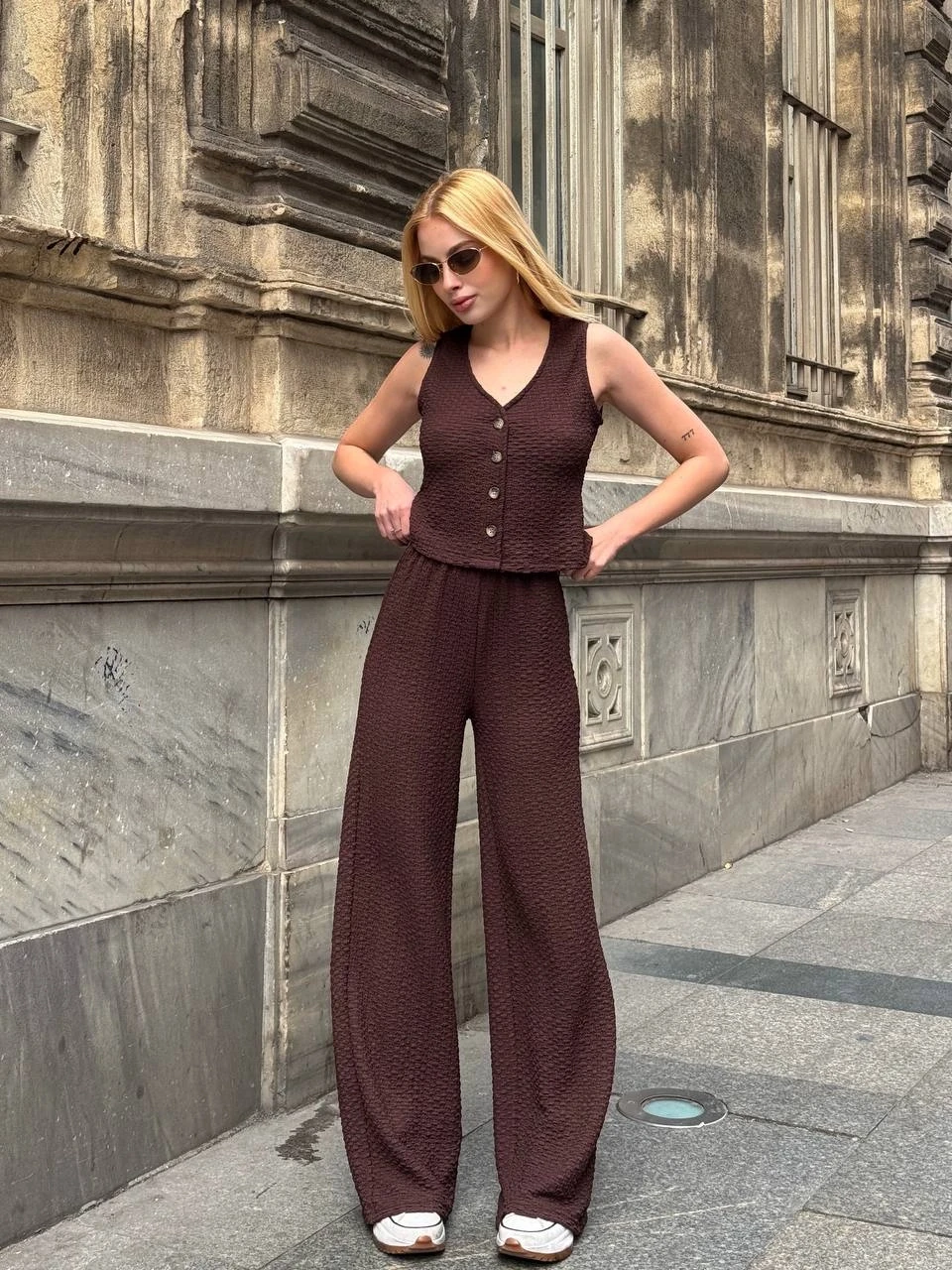 Kadın Kahverengi Gofre Kumaş Yelek Pantolon İkili Takım HZL25S-ZK13591