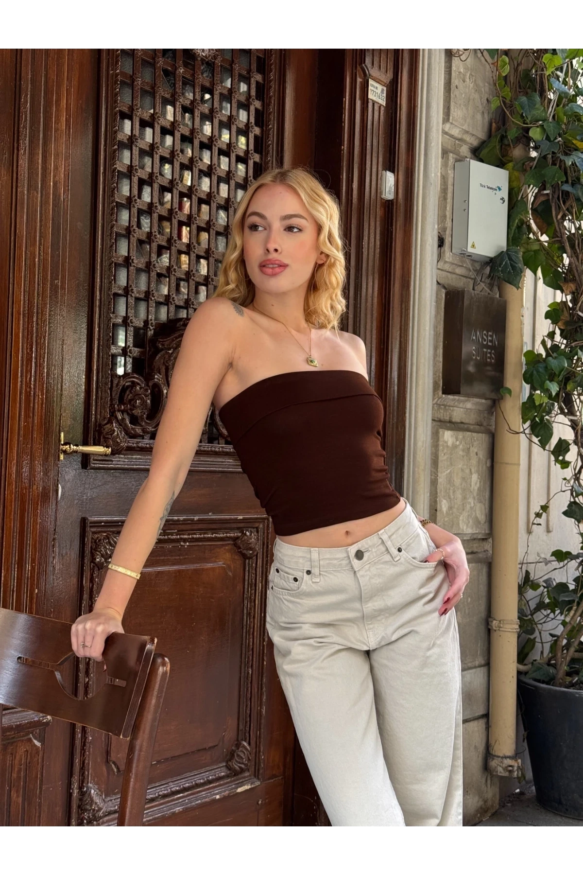 Kadın Kahverengi Katlamalı Straplez Bluz HZL24S-ZK11301