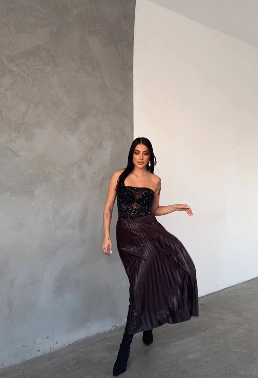 Kadın Kahverengi Saten Görünümlü Beli Lastikli Piliseli Uzun Boy Etek HZL25W-FRY130011