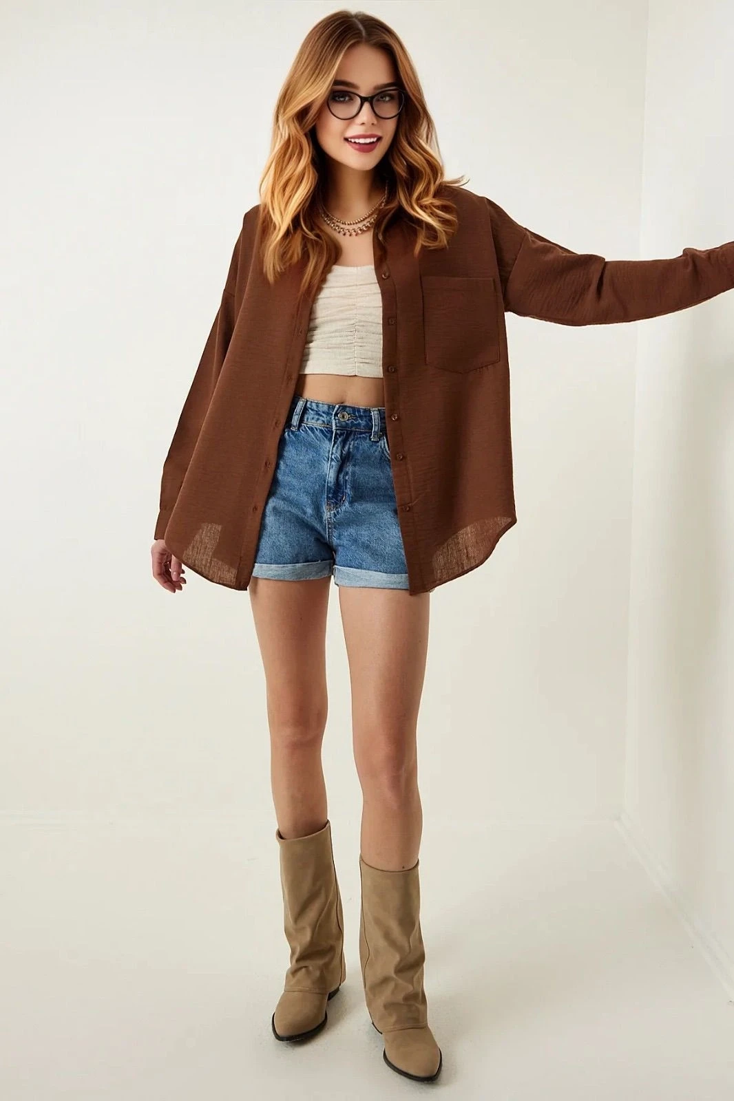 Kadın Kahverengi Tek Cepli Oversize Keten Ayrobin Gömlek HZL24S-BD1201531