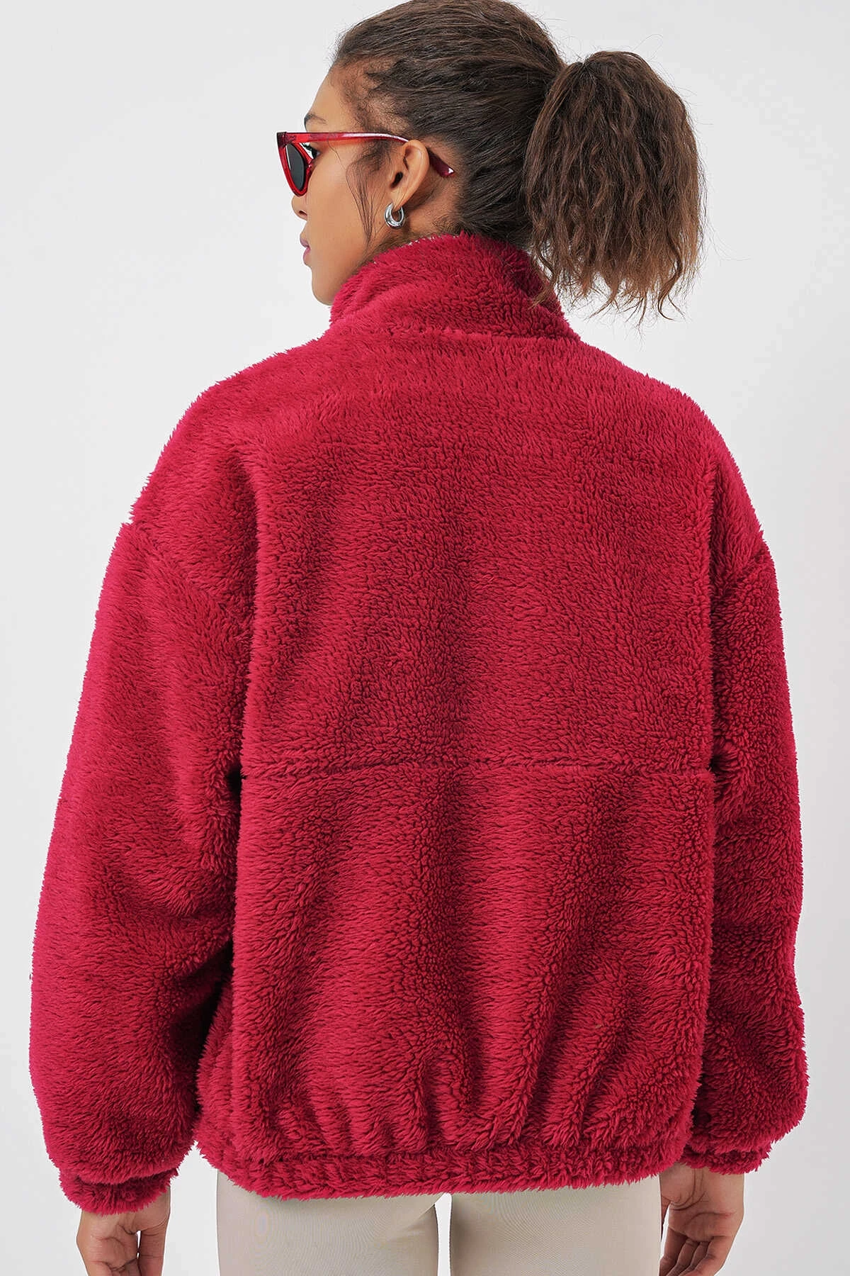 Kadın Kırmızı Baskılı Fermuarlı Suni Yünlü Astarlı Peluş Ceket HZL25W-BD151941
