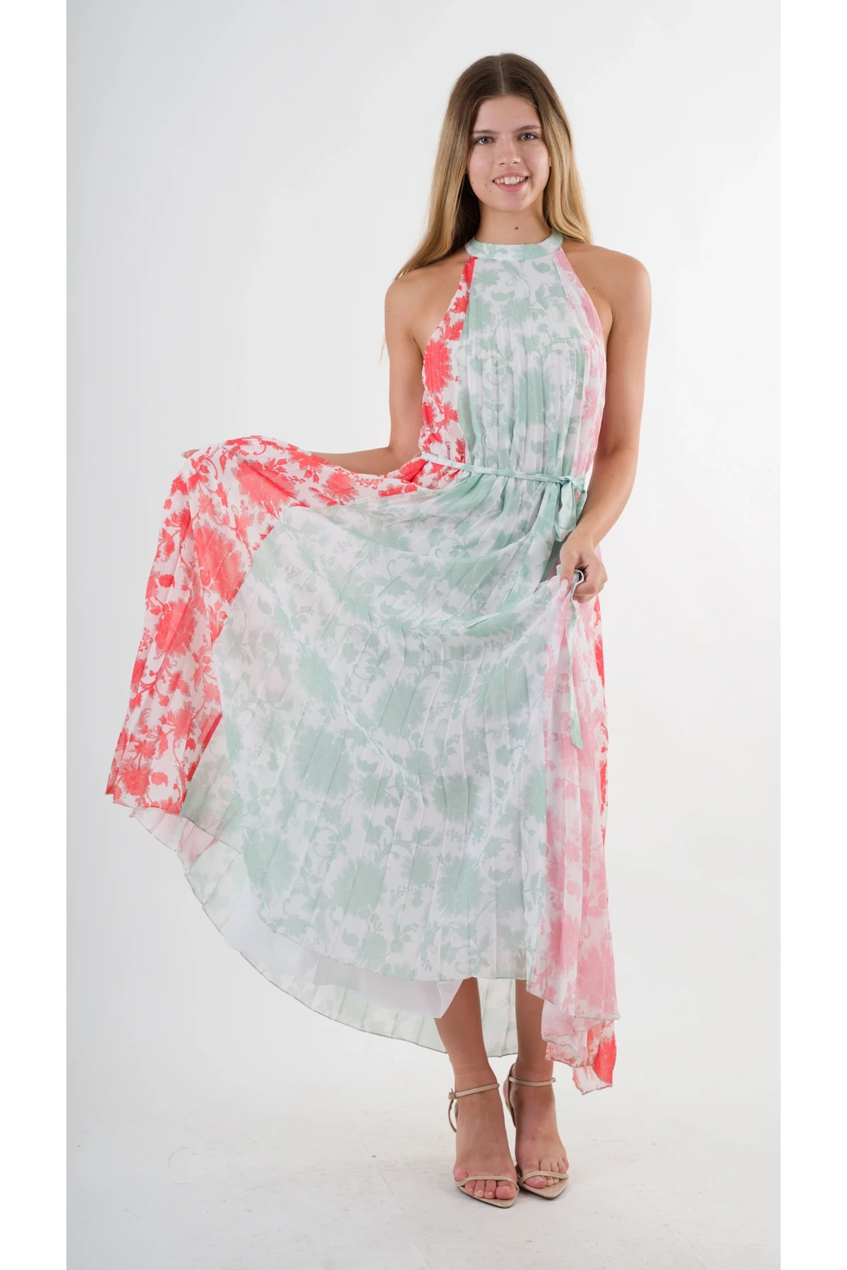 Kadın Kırmızı Yeşil Bloklu Yaprak Desenli Halter Yaka Kuşaklı Astarlı Uzun Elbise HZL24S-YY233