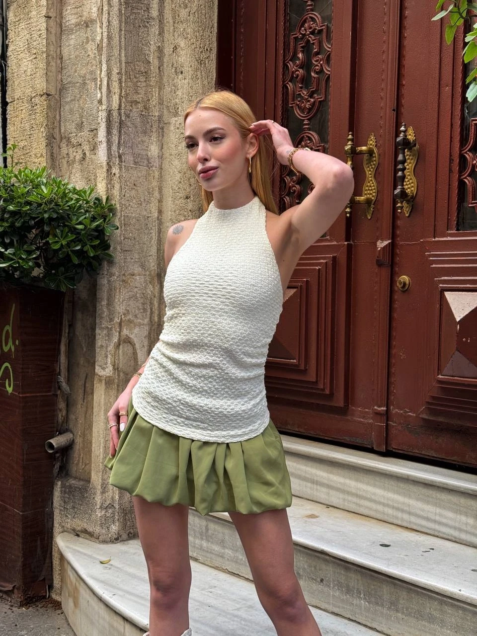 Kadın Krem Boyundan Bağlamalı Gofre Kumaş Bluz HZL25S-ZK13631