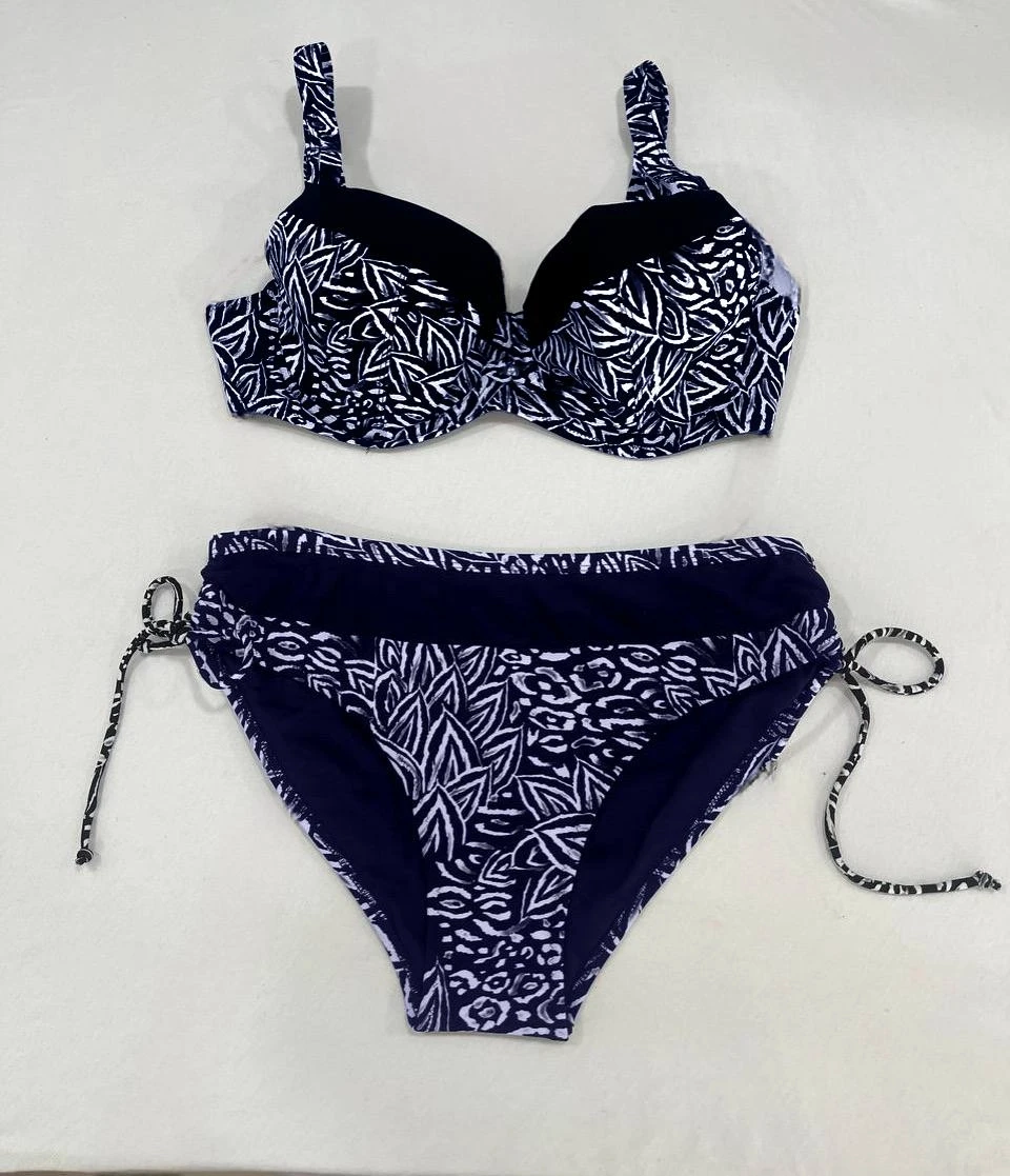 Kadın Lacivert Beyaz Desenli Büyük Beden Astarlı Bikini Takım HZL25S-LC4006