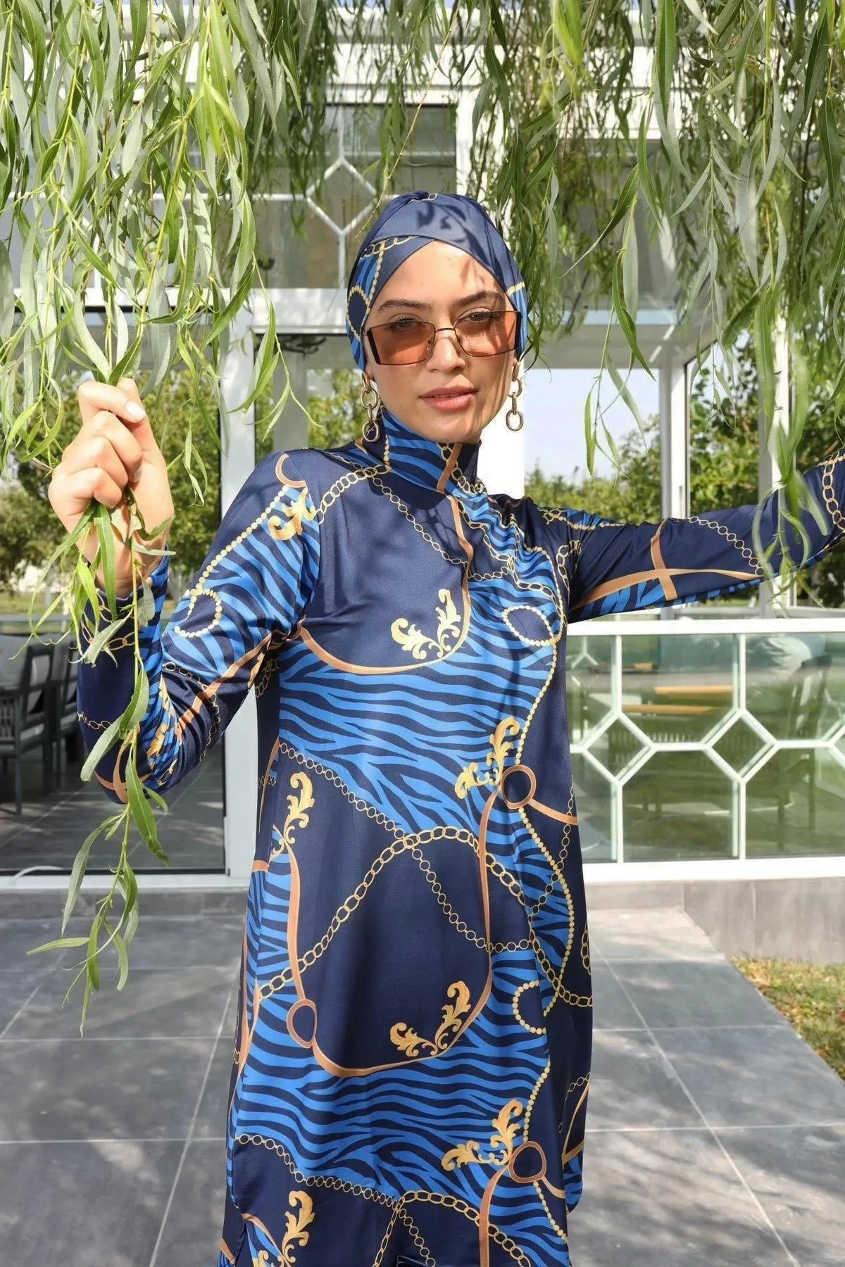 Kadın Lacivert Desenli Uzun Kollu Tesettür Mayo HZL25S-AR268-514