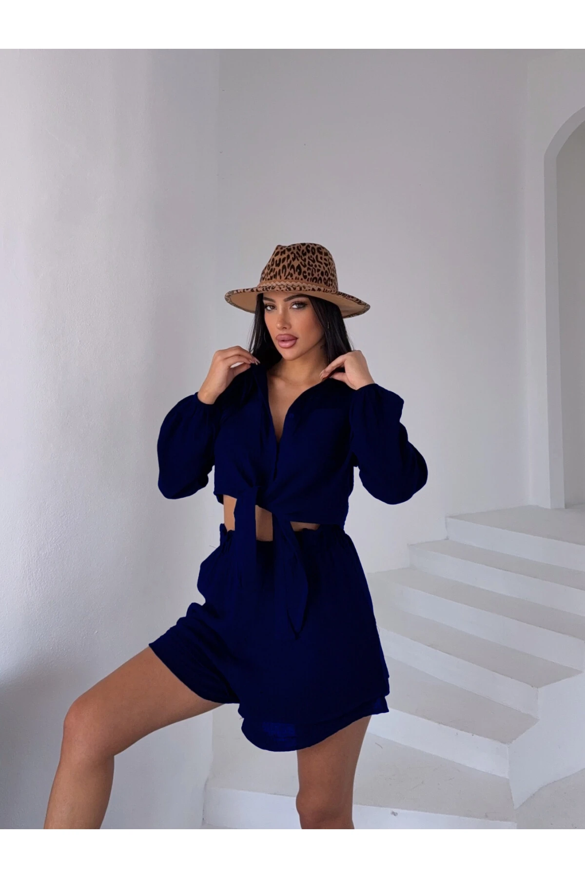 Kadın Lacivert Müslin Keten Şort Gömlek Alt Üst Takım HZL25S-DSB1012