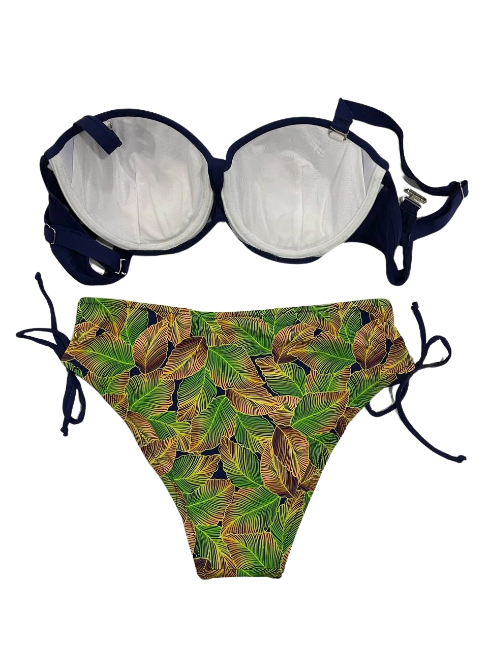 Kadın Lacivert Yaprak Desenli Taş İşlemeli Astarlı Bikini Takım HZL25S-LC3305